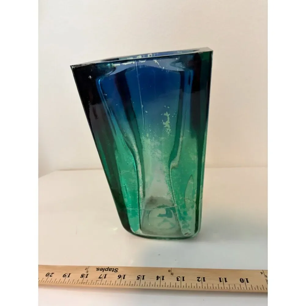 Vtg Murano Sommerso Art vase Green to Blue Lead Crystal Vase 15